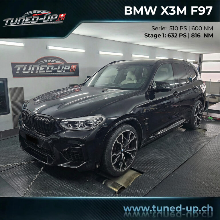 Schwarzer BMW X3M auf dem Allrad-Leistungsprüfstand bei Tuned-Up in Rorbas mit 649 PS und 814 Nm nach Stage 1