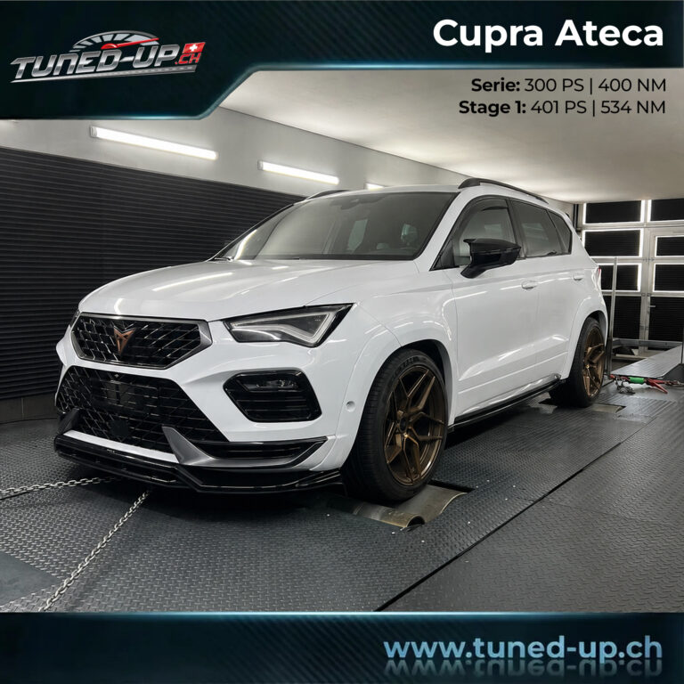 Weisser Cupra Ateca mit bronzefarbenen Felgen auf dem Allrad-Leistungsprüfstand bei Tuned-up.ch in Rorbas.