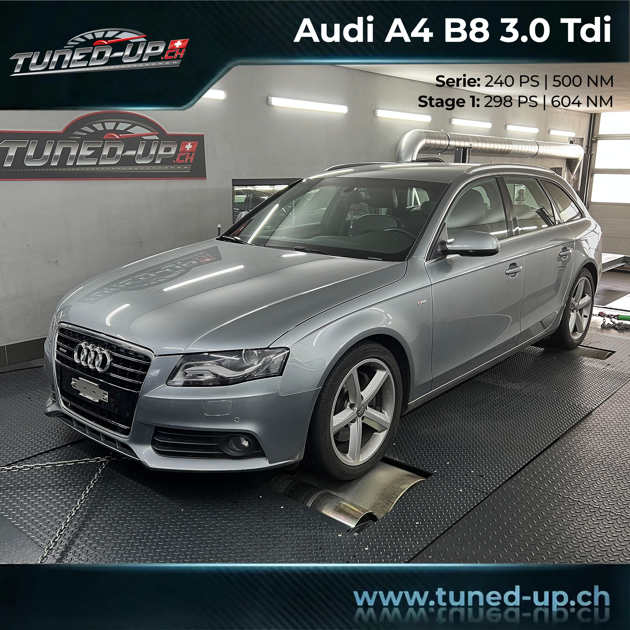 Silberner Audi A4 B8 Avant 3.0 TDI auf dem Allrad-Leistungsprüfstand bei Tuned-up.ch.