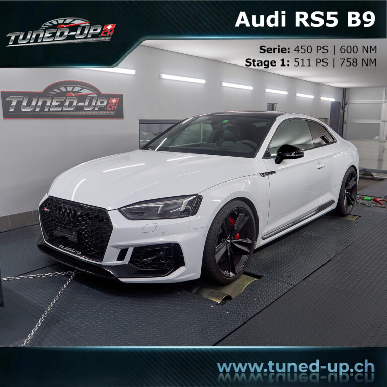 Weisser Audi RS5 B9 auf dem Allrad-Leistungsprüfstand bei Tuned-up.ch mit Stage 1 und 511 PS.